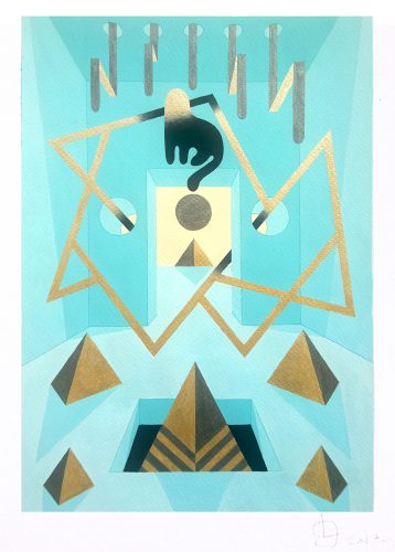 Teal Cat 3 - 2017, Gouache sur papier, 50 x 35 cm