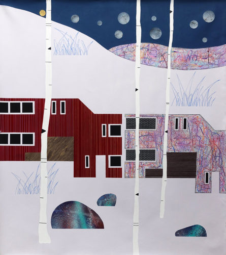 Datcha et graffitis - 2020, acrylique, huile et or sur toile, 114 x 100 cm
