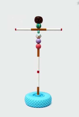 Sculpture 4 - 2020, pneu, bois, peinture et métal, 80 x 25 x 25 cm
