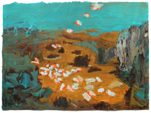 Attaque et descente d'œufs aux plats - 2015, acrylique sur papier, 56 x 75 cm