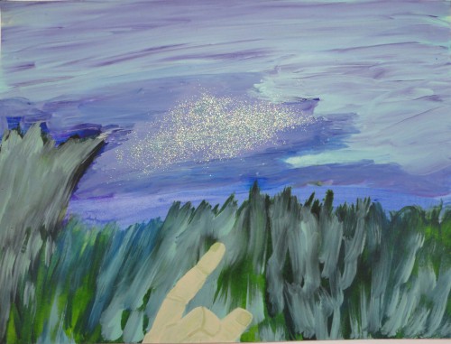 Quand le maitre montre du doigt... - 2013, acrylique et paillettes sur papier, 30 x 40 cm
