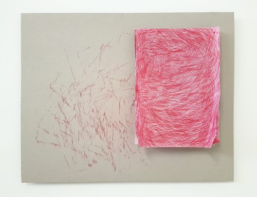 sans titre (Hachurage) - 2018, papiers, bic, carton, 50 x 80 x 3 cm.