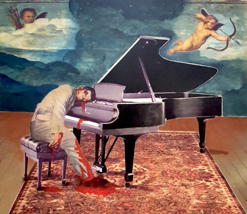 Dead man at the piano - 2007, acrylique et photographie sur toile sensibilisée, 122,5 x 135 cm