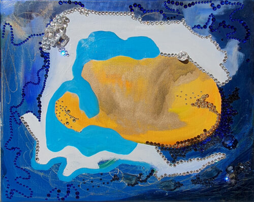 Clarté profonde - 2024, huile sr toile et cristaux Swarovski , 37 x 47 cm